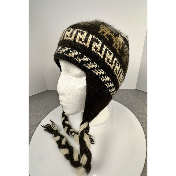 Toboggan Beanie Tassel Ear Flap Hat Knit Braids Llama Browns Creams Chullo - Picture 1 of 7